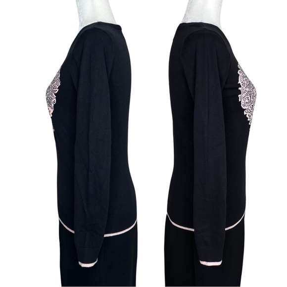 ELLE Sweater Fitted Flocked Lace Heart Black Pink Valentines Pullover Small S - Picture 5 of 11